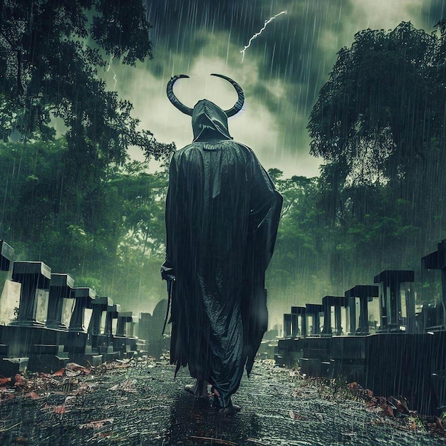 Sacred Enigma The Realistic Passage of an Evil Devil Priest through a Rainy Cemetery in the Forest