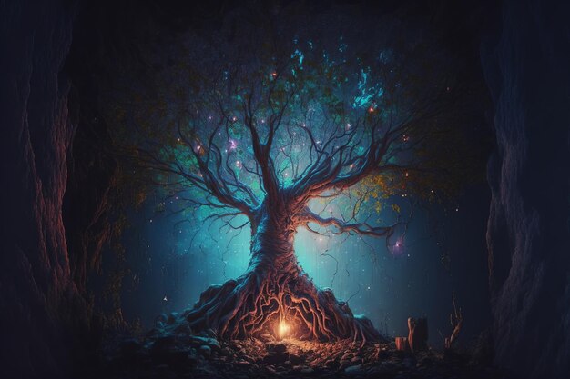 Sacred fantasy tree of life with afterlife portal gate leading to divine mystery