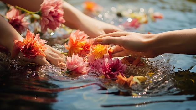 Photo sacred flowers in water by girls' hands