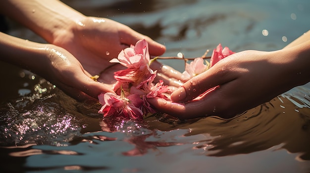 水の中の神聖な花 少女たちの手