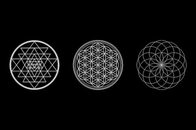 Photo sacred geometry concept black wallpaper with sri yantra, flower of life and torus symbols