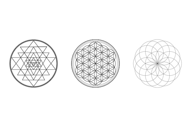 Photo sacred geometry concept black wallpaper with sri yantra, flower of life and torus symbols