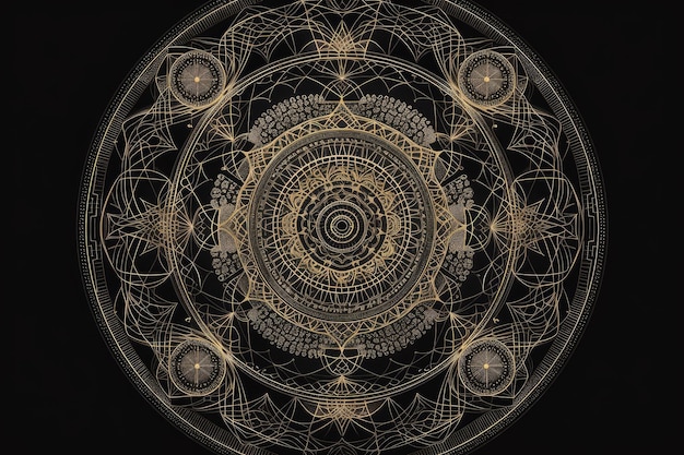 Sacred geometry mandala with intricate patterns and shapes on black background