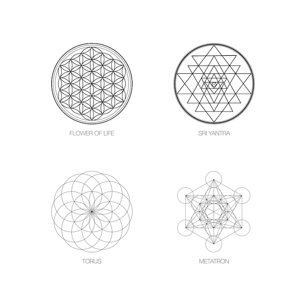 シュリ ヤントラ、フラワー オブ ライフ、トーラス、メタトロン シンボルと白で隔離される神聖な幾何学シンボル。