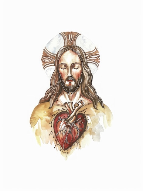 Photo sacred heart of jesus watercolor illustration generative ai