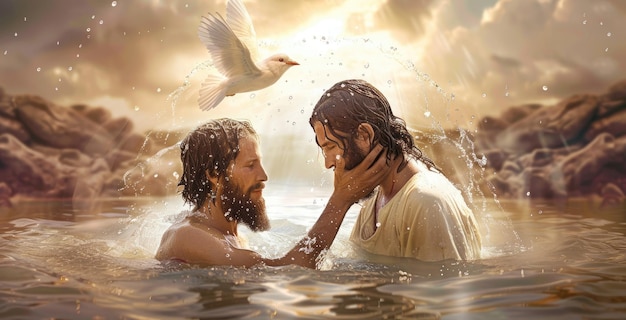 예수의 성스러운 침례 요한은 요단 강에서 예수를 침례시켜 영적 정화와 신성한 확신의 중요한 순간을 표시합니다.