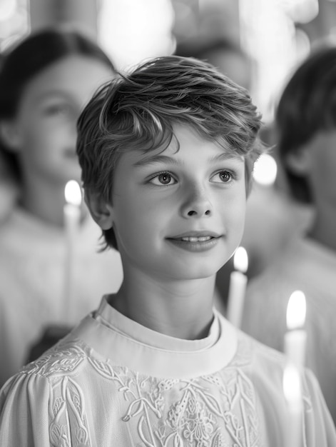 Sacred milestone capturing the essence of first communion in a tender and symbolic portrayal where young believers embrace the solemnity and spirituality of this significant rite