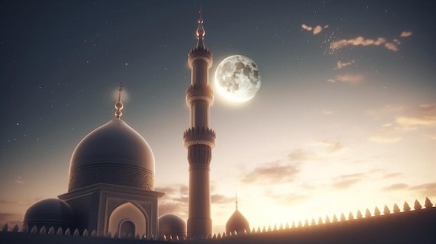 Sacred moonlit beauty A mosque adorned with a crescent moon graced by words that ignite the heart