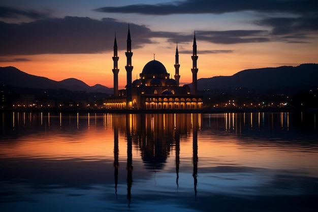 夕暮れの聖なるモスクのシルエット