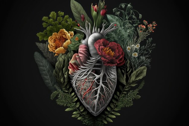 Sacred mystical symbol of human heart with flowers from plants