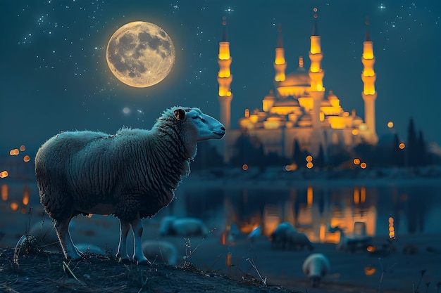 Священная жертва Ид Аль-Адха Мубарак Фон с овцами и исламским фоном