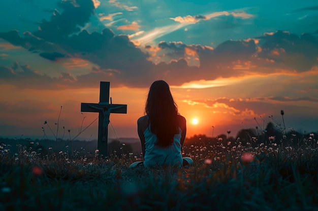 Sacred Sunset Woman Silhouetted in Prayer by Cross on Grass