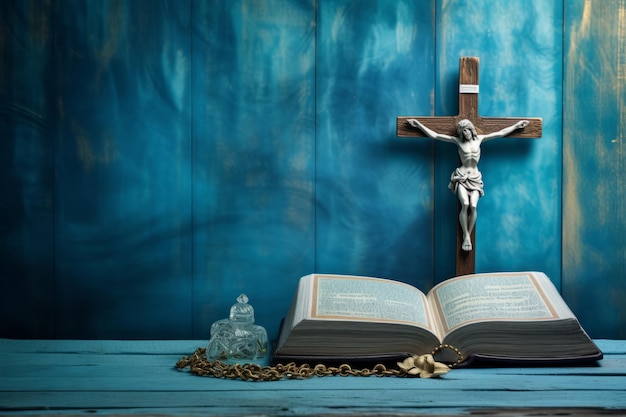 Photo sacred symbols the bible and crucifix amidst a serene blue backdrop embracing the essence of fait