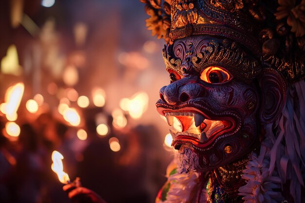 Sacred traditional masquerade parade with dancing and scary figures for the Nyepi holiday