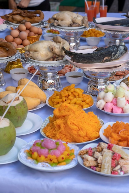 Sacrificial offering food for pray to god and memorial to ancestor Bangkok Thailand Traditional offerings to gods with food vegetable and fruit for the gods of Thai culture