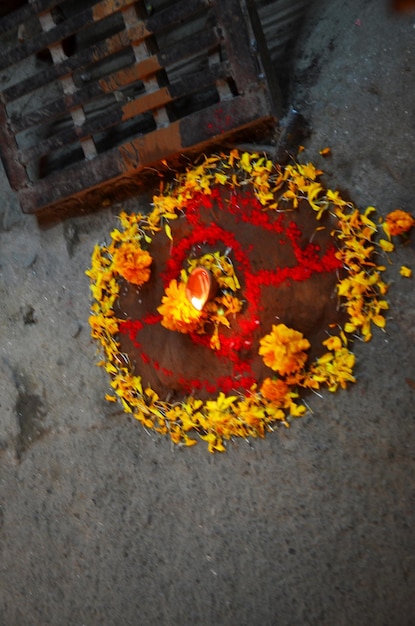 Sacrificial offering and rangoli powder or sand paint coloured\
nepalese style for nepali people respect praying rite offer to\
deity in diwali festival of lights of major celebrated in kathmandu\
nepal