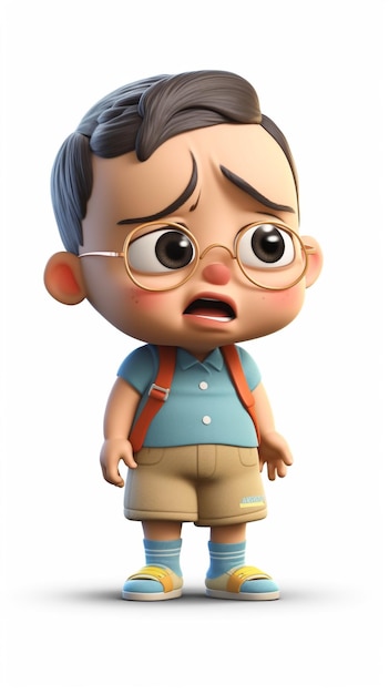 A Sad 3D Little Baby Cartoon Character in School Uniform generative ai