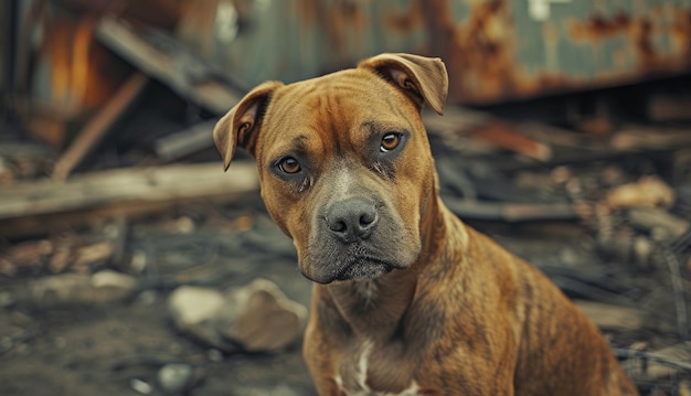 Foto triste cane senzatetto abbandonato cane marrone è seduto in cima a un terreno sporco in questo semplice