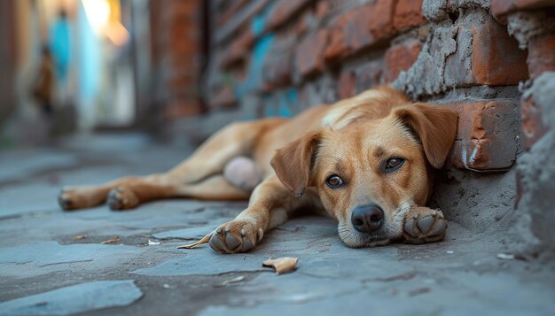 Печальная заброшенная бездомная собака Близко к собаке, стоящей за прочным забором, бдительной и наблюдательной