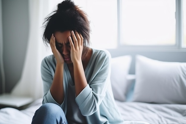 Sad African American female patient sitting on bed and crying in patient room at hospital