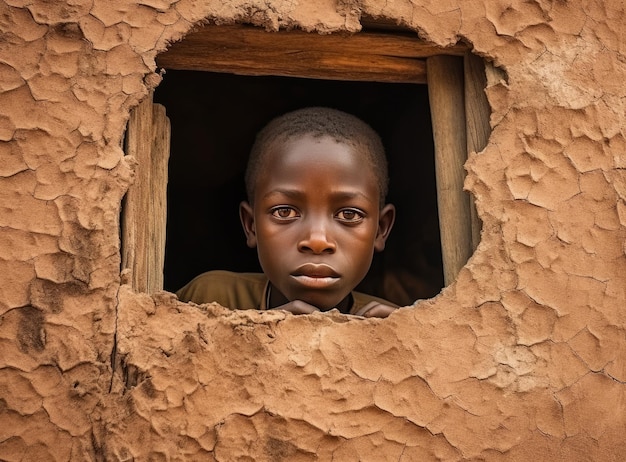 Foto un triste ragazzo africano che guarda fuori dalla finestra