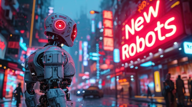 Sad AI robot looks at neon store sign of New Robots on cyberpunk city street futuristic town with red and blue light Concept of dystopia technology industry and future