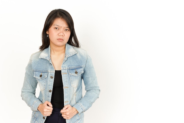 Sad Angry Face of Beautiful Asian Woman Wearing Jeans Jacket and black shirt Isolated On White