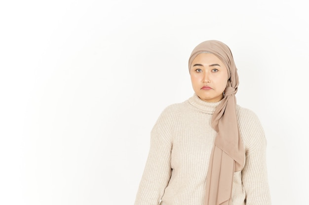 Sad and Angry Face Expression of Beautiful Asian Woman Wearing Hijab Isolated On White Background