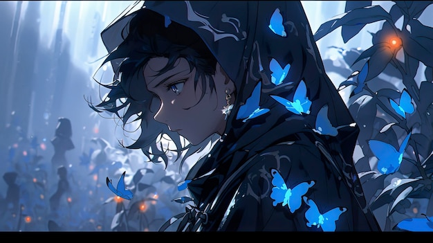 Photo sad anime girl blue evening with butterflies