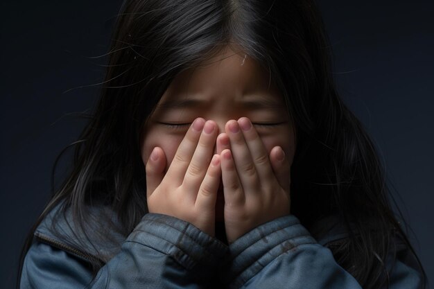 Sad asian child girl is crying and rubbing her eyes with her hands