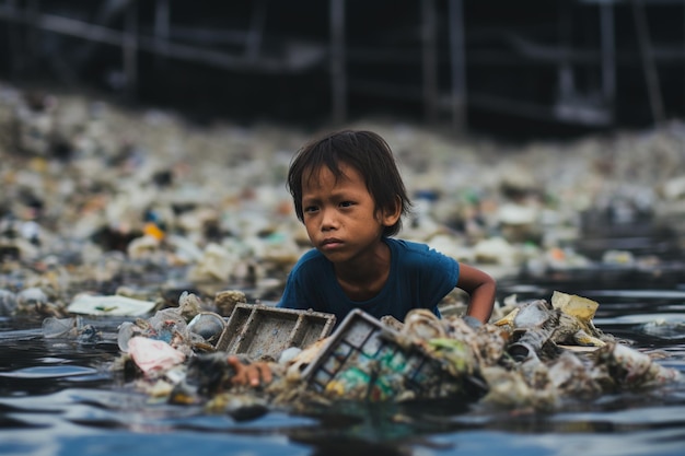 Грустный азиатский ребенок плавает в реке, полной отходов