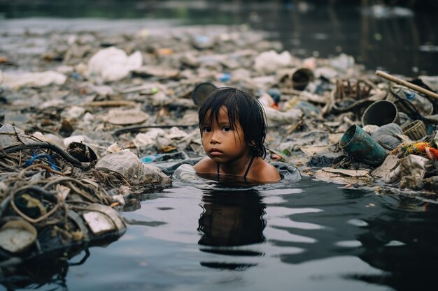 悲しいアジアの子供が廃棄物でいっぱいの川で泳ぐ