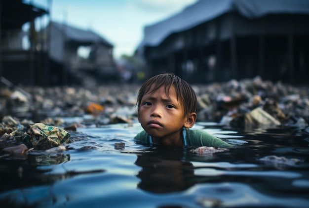 写真 ゴミで満たされた川で泳ぐ悲しいアジアの子供