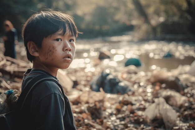 Foto triste bambino asiatico che cammina vicino al rilascio dei rifiuti della discarica sul fiume ai generativa