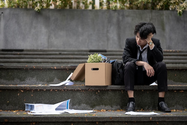 悲しいアジアの失業したビジネスマンが自分の物を箱で持って階段に座っています