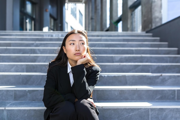 Sad asian woman fired from work sitting on the stairs