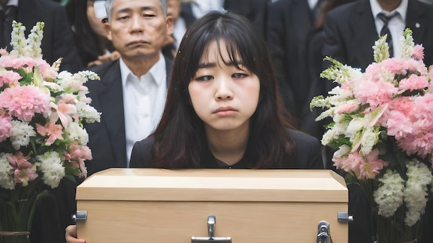 Photo sad asian woman in funeral ceremony background