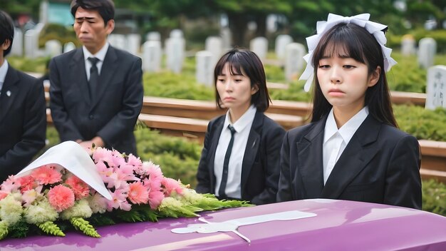 Photo sad asian woman in funeral ceremony background