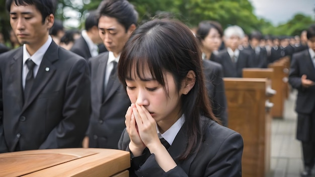 Sad Asian Woman In Funeral Ceremony Background