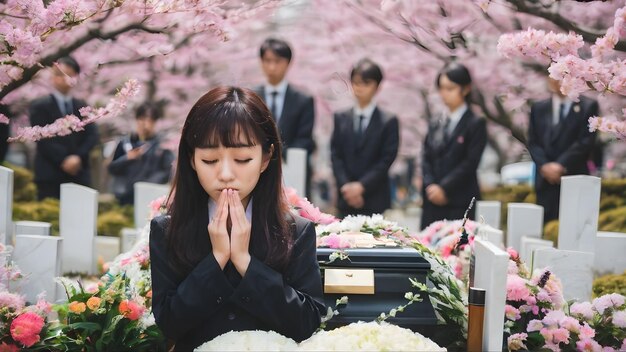 Sad Asian Woman In Funeral Ceremony Background