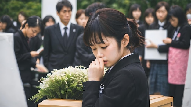 Sad Asian Woman In Funeral Ceremony Background