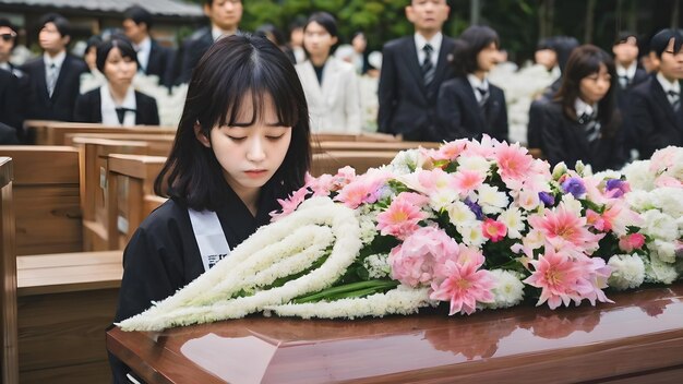 写真 悲しいアジア人女性の葬儀の背景