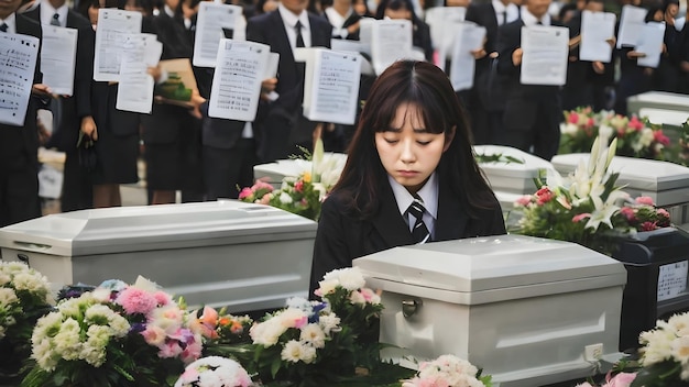 写真 悲しいアジア人女性の葬儀の背景