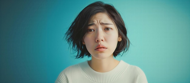 Sad asian woman looking at the camera on Blue background