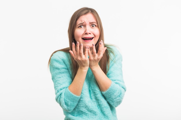 A sad beautiful woman crying on white wall