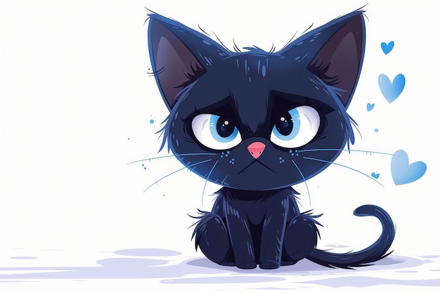 Sad black watercolor cat Cartoon vector Illustration isolated on white background copyspace