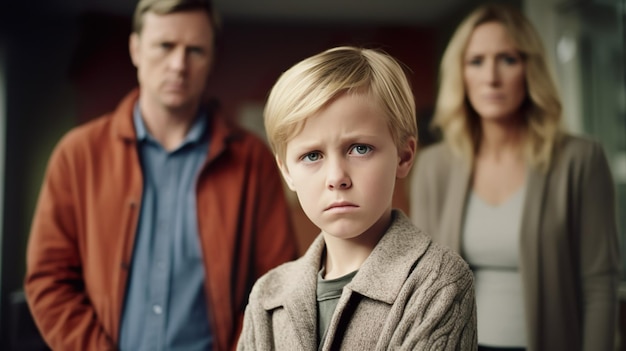 SAD BLONDE KID WITH HIS PARENTS