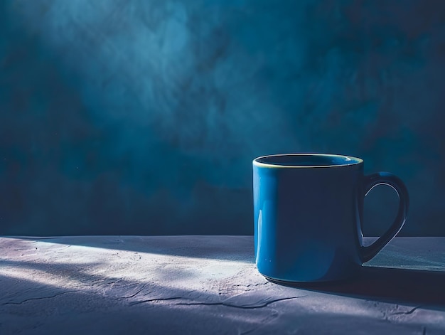 青い背景の青い月曜日のコンセプトで悲しい青いコーヒーカップ