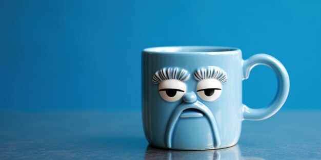 Sad blue mug with the face of a disapproving old man on a blue background blue monday copy space banner