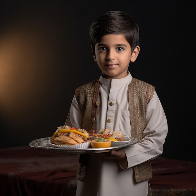 Sad Boy Holding Iftar Plate